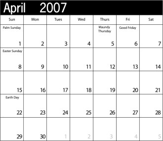 Simple Blank Calendar with Holidays April 2007