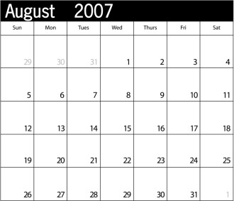 Simple Blank Calendar with Holidays August 2007