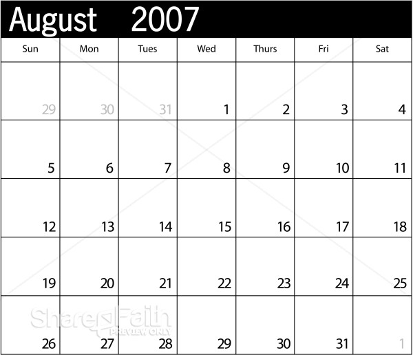 Simple Blank Calendar with Holidays August 2007