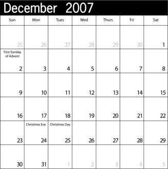 Simple Blank Calendar with Holidays December 2007