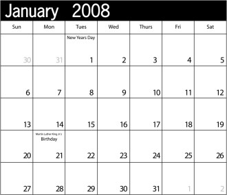 Simple Blank Calendar with Holidays January 2008