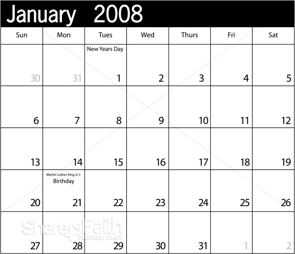 Simple Blank Calendar with Holidays January 2008