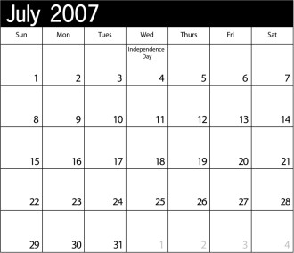 Simple Blank Calendar with Holidays July 2007