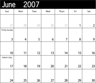 Simple Blank Calendar with Holidays June 2007