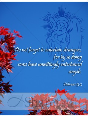 Red Fall Leaves, Angel and Hebrews Verse