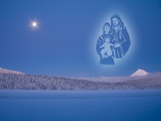 Blue Photo with Mary, Joseph and Baby Jesus