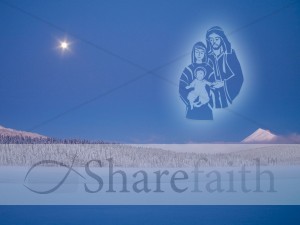 Blue Photo with Mary, Joseph and Baby Jesus