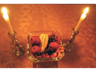 Two Candles with Holiday Bowl