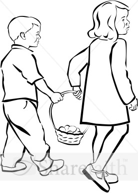 Kids Holding Easter Basket in Black and White