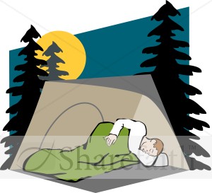 Camper in Tent and Sleeping Bag