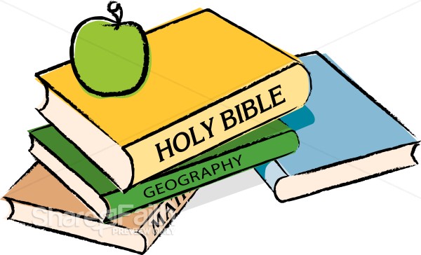 Bible with Books and an Apple