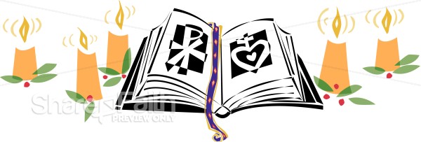 Bible with Chi Rho, Sacred Heart, and Candles