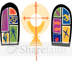 Two Colorful Stained Glass Windows and Communion Chalice