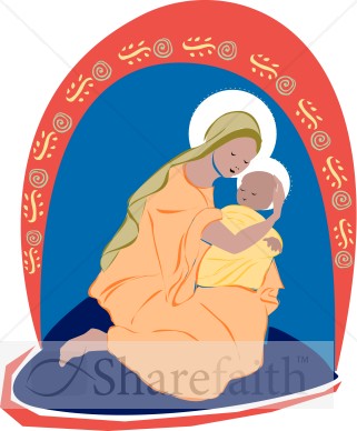 Mary holds Baby Jesus close
