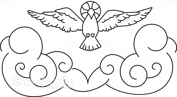 Line Art Dove with Halo and Stylized Clouds