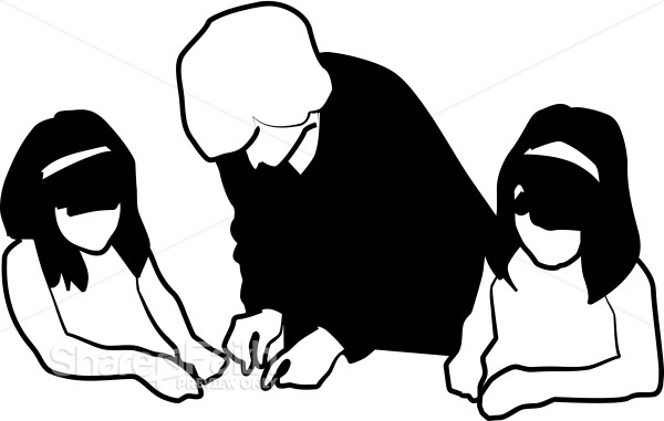 Black and White Teacher with Learning Children
