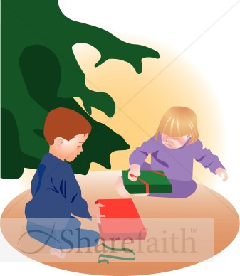 Two Children Unwrapping Presents
